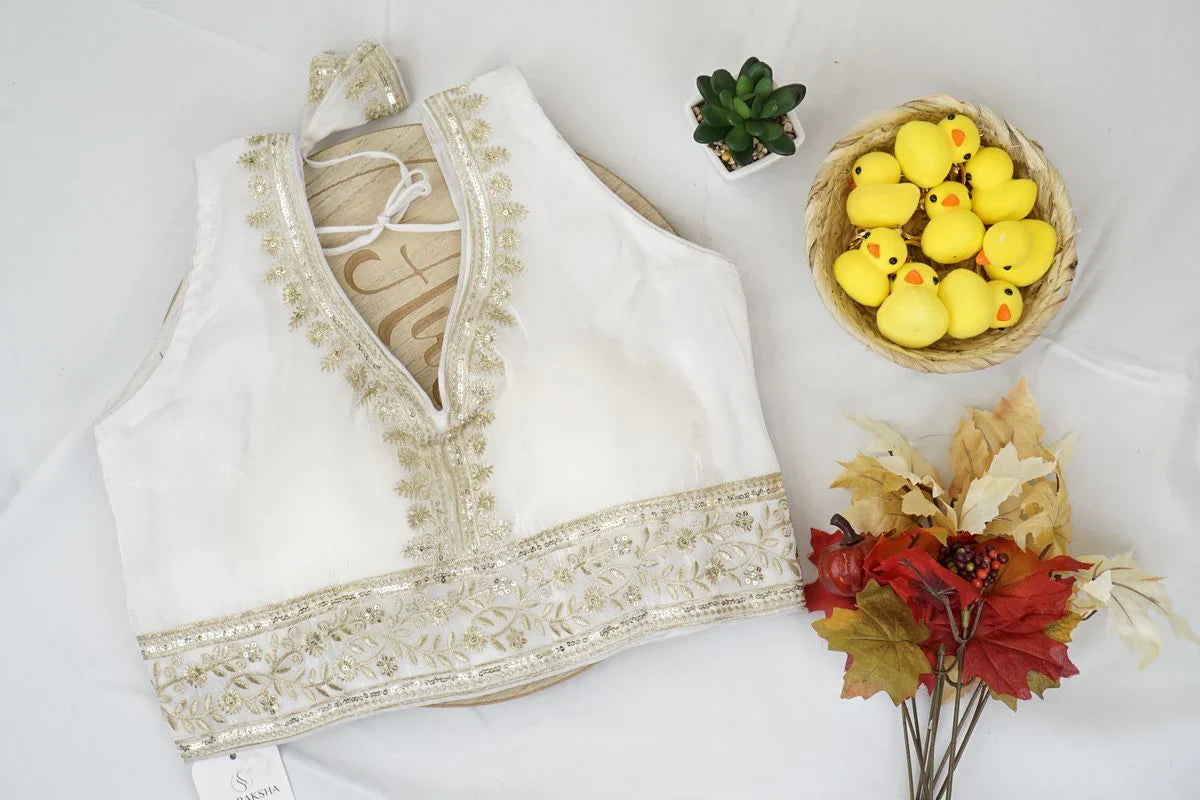 Ivory White Zari Embroidered Silk Blouse – Timeless Designer Ethnic Blouse in USA at Swaraksha Fashions