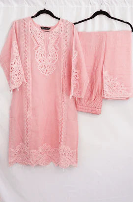 Baby Pink Chikankari-Style Embroidered Kurti Set – Elegant Ethnic Fashion in USA at Swaraksha Fashions