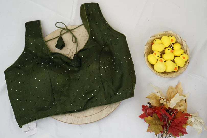Olive Green Elegant Sequin Dotted Blouse – Stylish Designer Ethnic Blouse in the USA