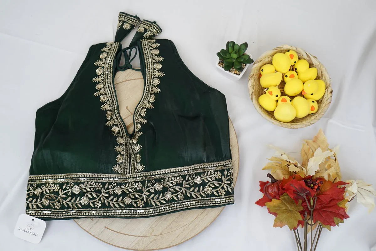 Emerald Green Zari Embroidered Silk Blouse – Luxurious Ethnic Fashion in USA at Swaraksha Fashions