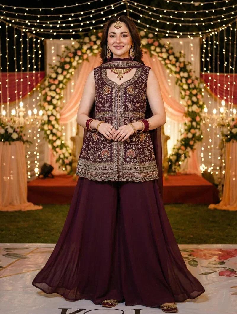Wine Maroon Embroidered Sharara Set with Jacket