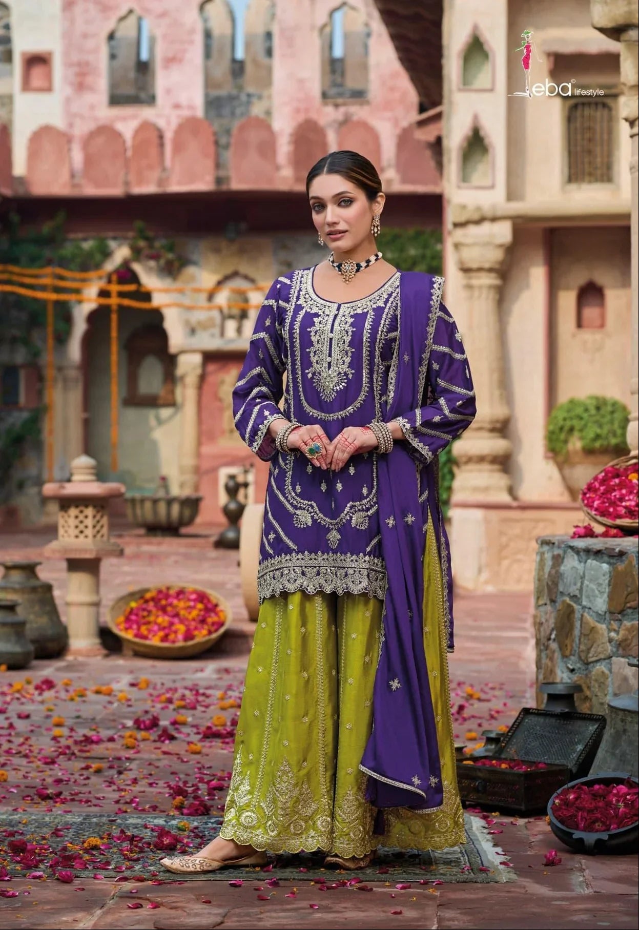 Eba K Royal Purple & Olive Green Embroidered Kurti Palazzo Set – Premium Indian Ethnic Wear in USA