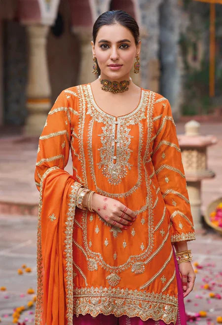 Eba K Sunset Orange & Rani Pink Embroidered Kurti Palazzo Set – Vibrant Festive Style in the USA