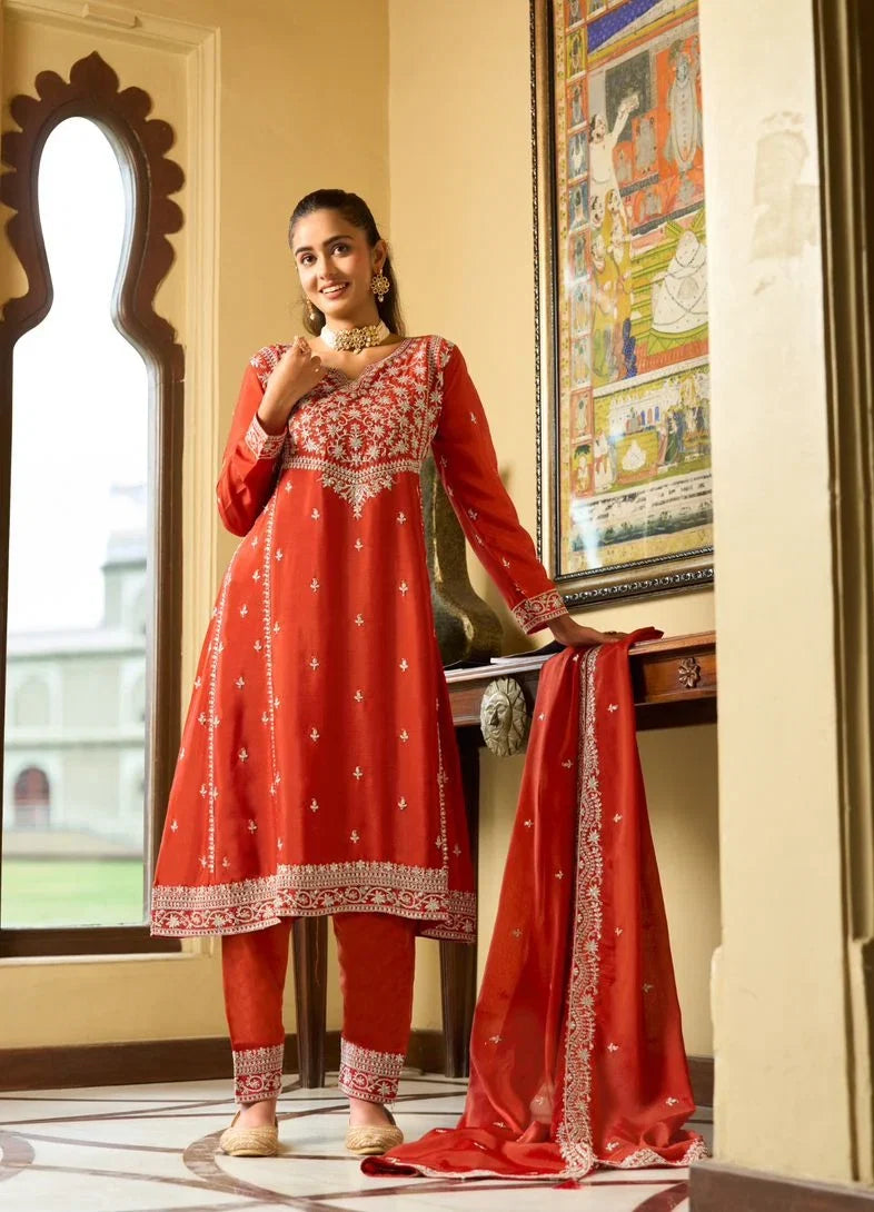 Sanika Vermilion Red Embroidered Kurti Pant Set with Dupatta