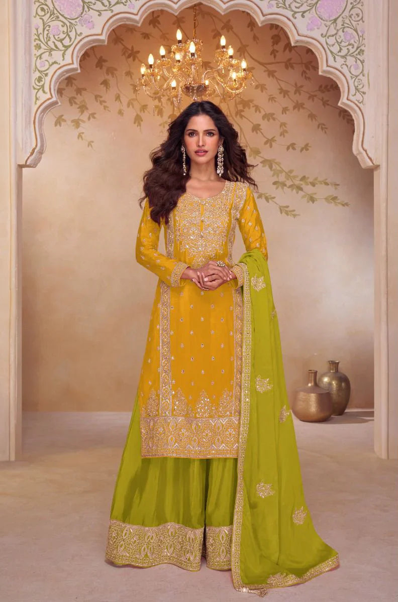 Gulkayra S Mustard Yellow Embroidered Kurti Sharara Set with Lime Green Dupatta – Festive Indian Fashion in USA