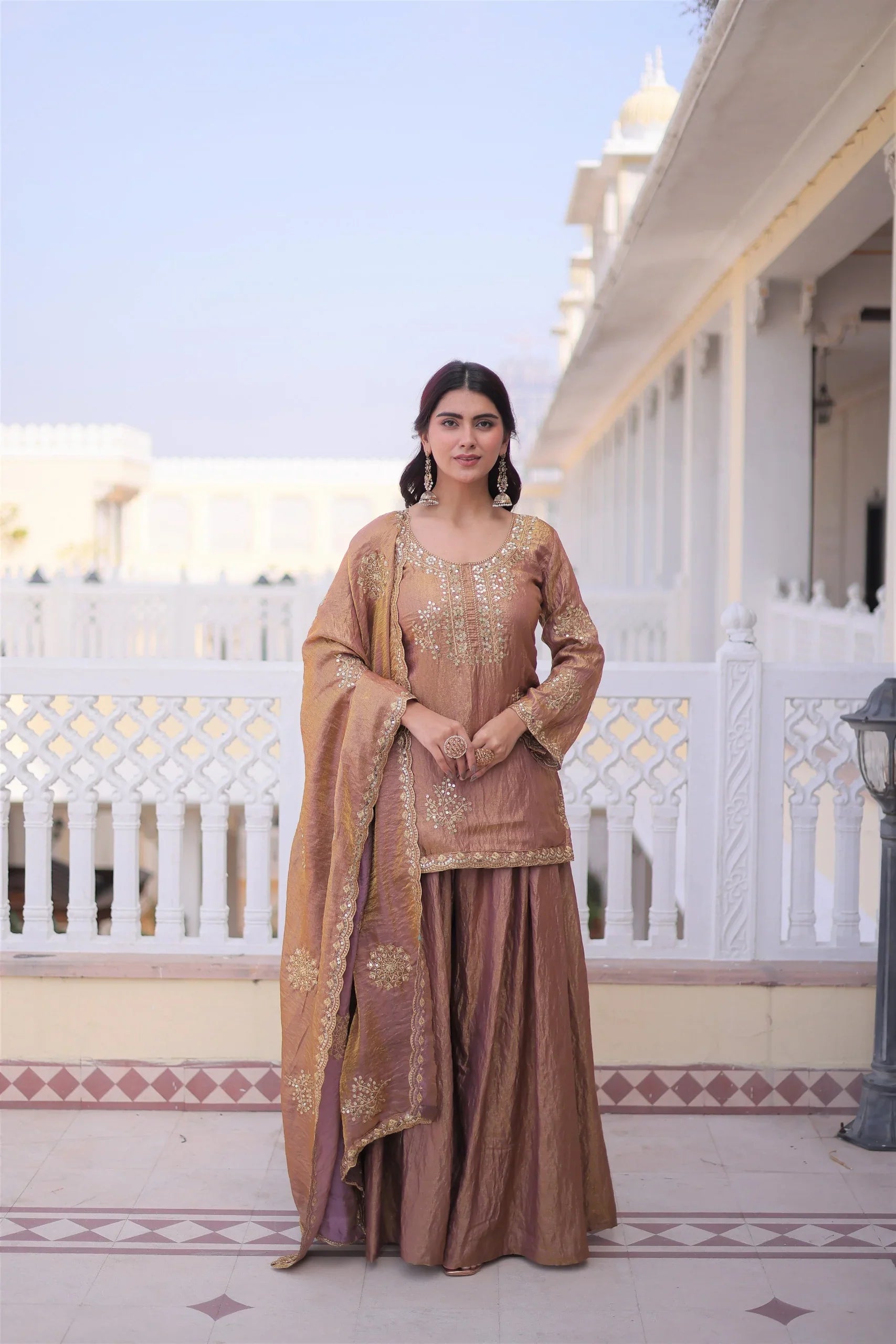 Copper Gold Brown Fendi Crush Zari Sequins Embroidered Kurti Sharara Set – Luxurious Designer Ethnic Wear in USA