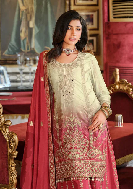 Eba RG Coral Pink Ombre Embroidered Kurti Palazzo Set – A Graceful Blend of Style & Elegance in the USA