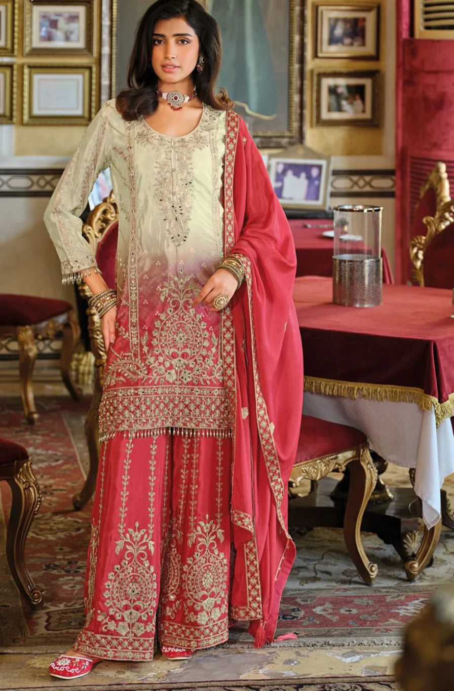 Eba RG Coral Pink Ombre Embroidered Kurti Palazzo Set – Elegant Indian Ethnic Wear in USA