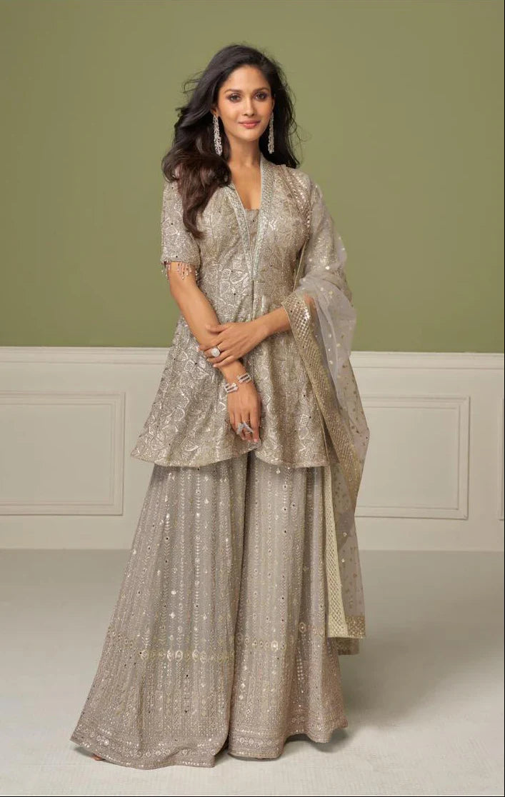 Gulkayra A Champagne Gold Embroidered Peplum Kurti Sharara – Luxury Festive Wear in USA