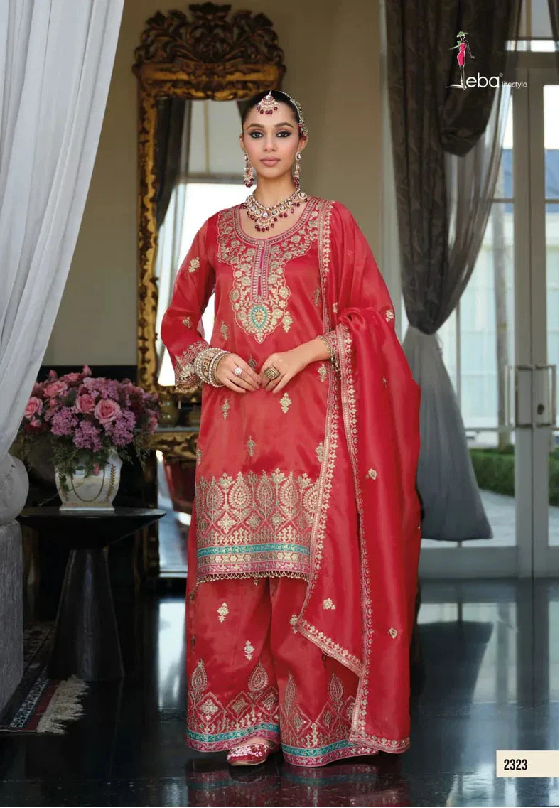 Eba M Coral Red Embroidered Festive Kurti Palazzo Set – Celebrate in Style Across the USA