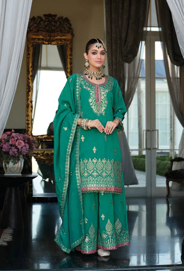 Eba M Emerald Green Embroidered Festive Kurti Palazzo Set – Luxurious Festive Elegance for Modern Women in USA