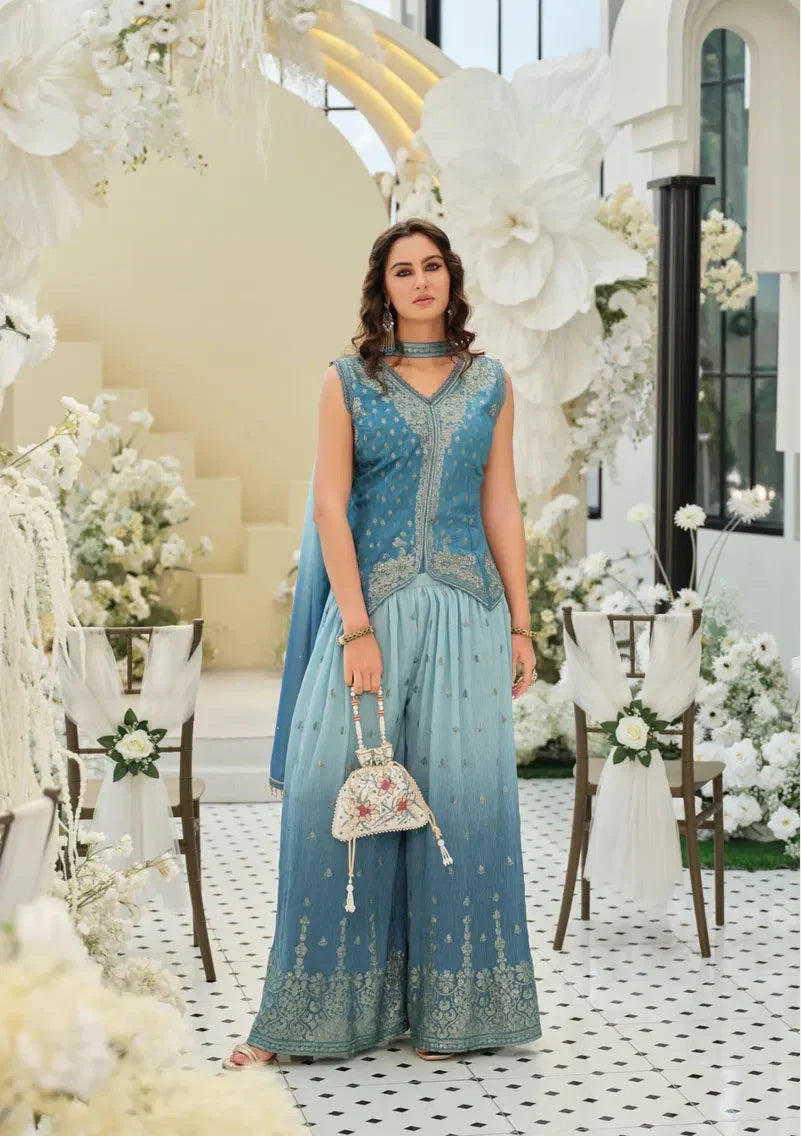 Aqua Elegance Embroidered Indo-Western Kurti Palazzo Set in USA – Available at Swaraksha Fashions, Overland Park KS