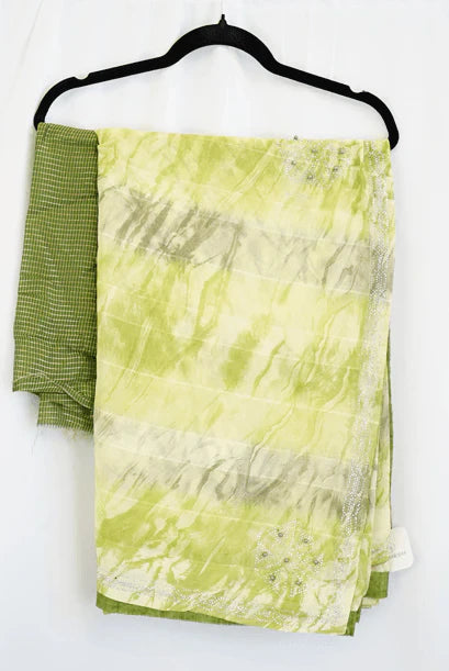 Lime Green Tie-Dye Saree with Stone Work Border – Stylish Designer Saree in USA at Swaraksha Fashions