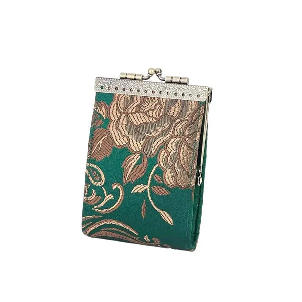 Emerald Floral Brocade Metal Clasp Wallet – Elegant Women's Designer Wallet in USA