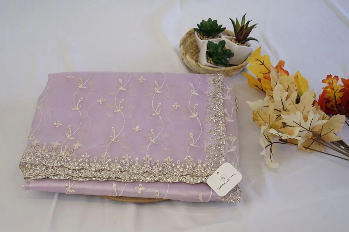 Lavender Floral Embroidered Net Saree with Stone Border