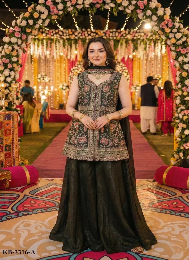 Dark Green Embroidered Sharara Set with Jacket – Elegant Festive Wear for Women in USA