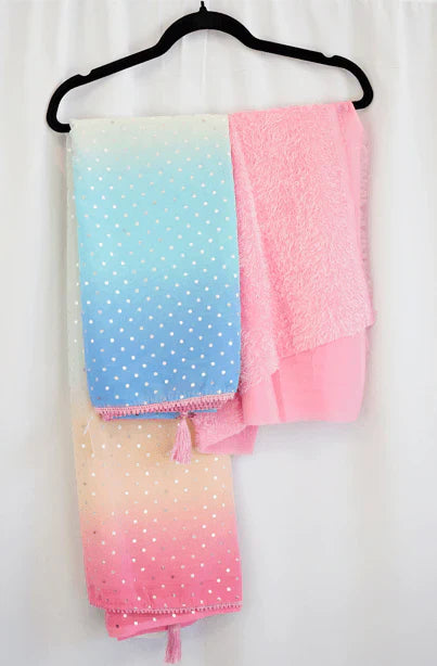 Pastel Blue & Pink Ombre Saree with Silver Polka Design and Textured Pink Blouse – Dreamy Festive Elegance in the USA