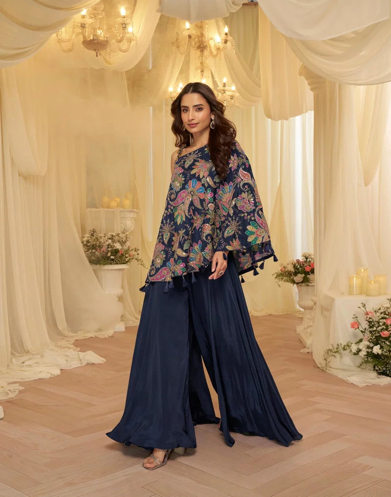 Navy Blue Floral Cape Sharara Set – Elegant USA Ethnic Fashion at Swaraksha Fashions