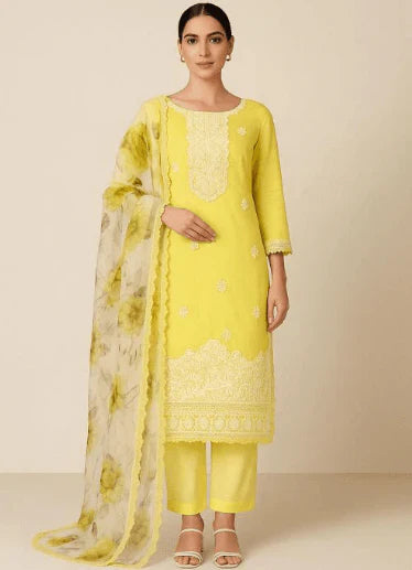 Lemon Yellow Embroidered Straight Kurta Set with Dupatta in USA – Available at Swaraksha Fashions, Overland Park KS
