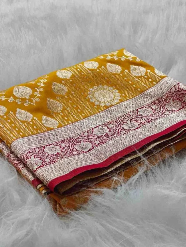 Mustard Yellow with Red Border Premium Banarasi Silk Saree – Traditional Luxury and Timeless Elegance in USA