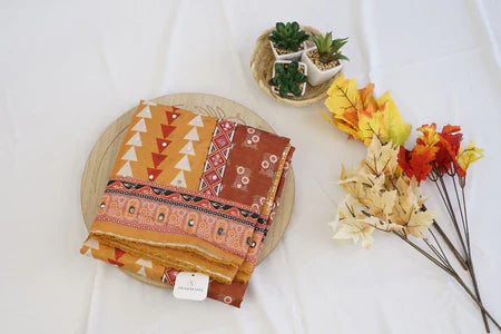 Rust & Mustard Geometric Printed Cotton Saree – Contemporary Comfort in the USA