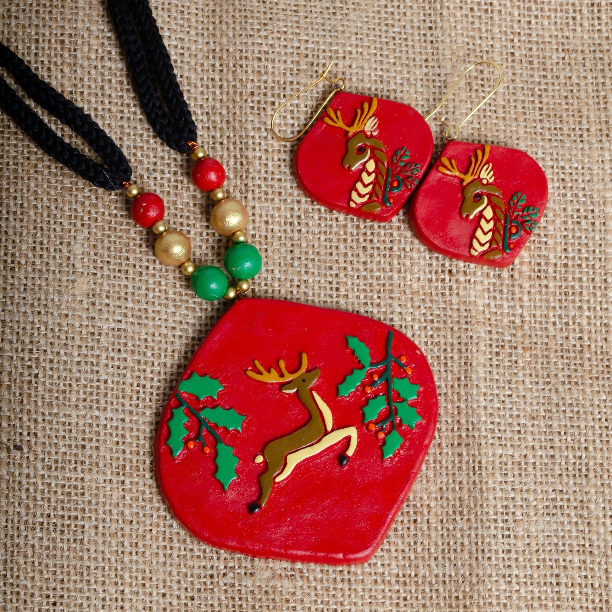 Reindeer & Leaf Jewelry Set – Handmade Christmas Clay Jewelry in the USA