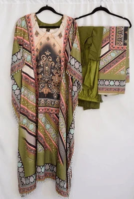 Olive Green Designer Kaftan Set with Printed Dupatta and Mirror Work – Elegant Indo-Western Festive Wear in USA