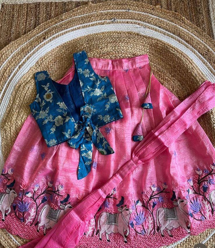 Pink Printed Kids Lehenga Choli Set with Blue Embroidered Jacket