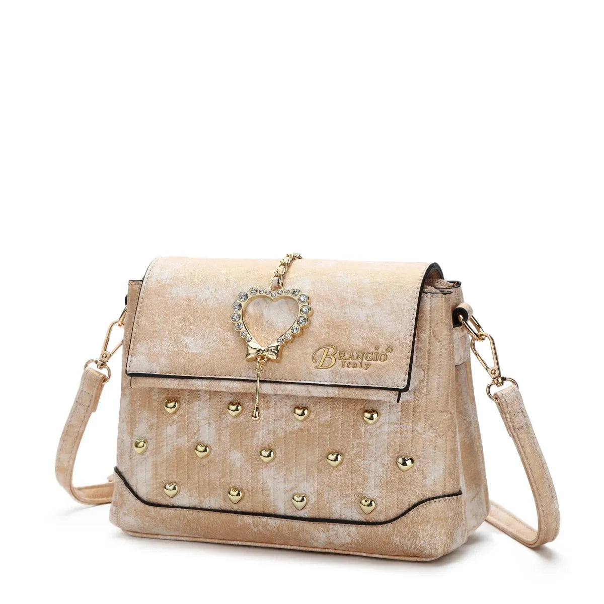 Brangio Italy Beige Heart-Studded Designer Crossbody Handbag – Luxury USA Boutique Fashion at Swaraksha Fashions