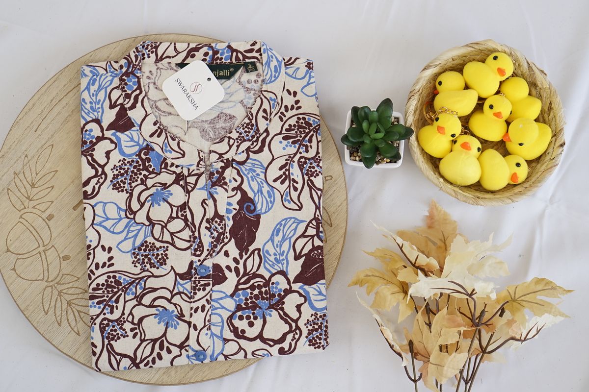 Beige Base Brown & Blue Floral Printed Cotton Kurta – Elegant Everyday Ethnic Fashion in USA at Swaraksha Fashions