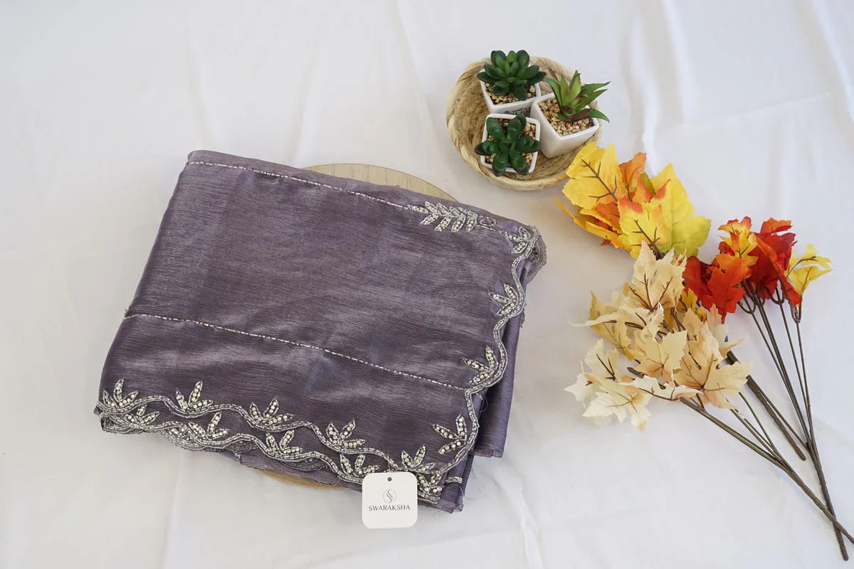 Lavender Organza Silk Saree with Beaded Leaf Border – Graceful Luxury Fashion in USA
