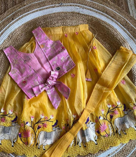 Yellow Printed Kids Lehenga Choli Set with Pink Embroidered Jacket – Bright & Playful Festive Style in the USA