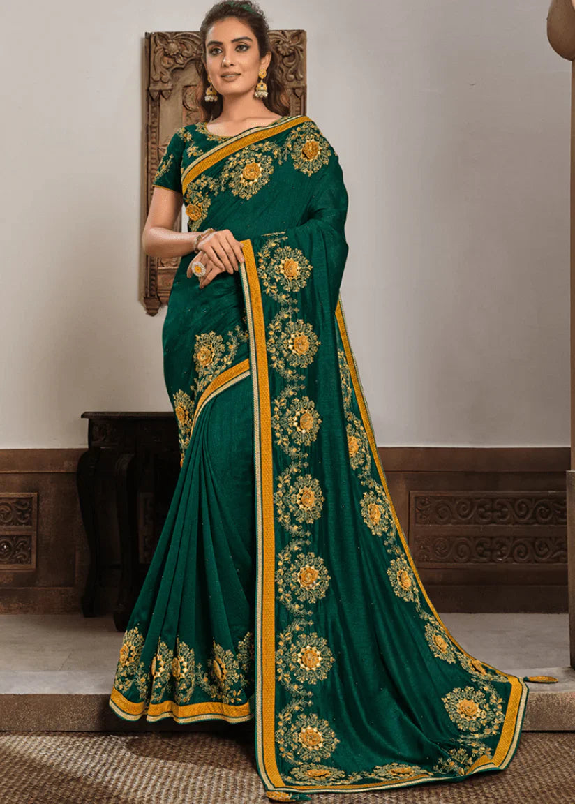 Deep Green Silk Georgette Embroidery Work Saree – Luxurious Ethnic Fashion in USA