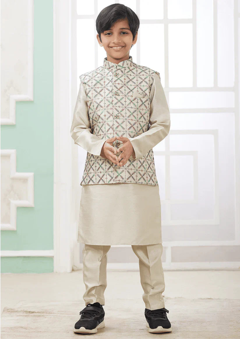 Chiku Art Banarasi Silk Printed Party Wear Readymade Kurta Pajama – Premium Kids Ethnic Wear in USA at Swaraksha Fashions