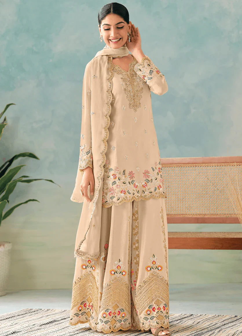 Luxury Beige Embroidered Kurti Sharara Set with Dupatta – Premium Indian Ethnic Wear in USA