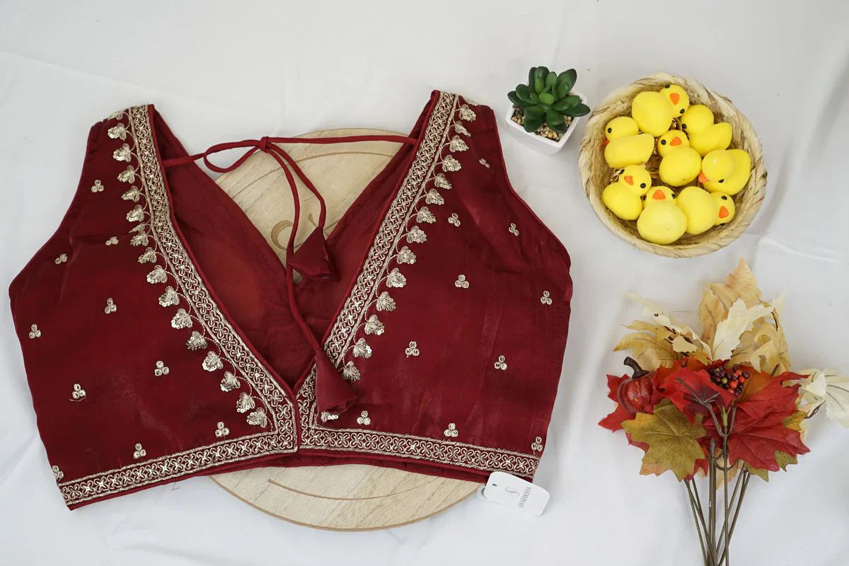 Maroon Zari Embroidered Silk Blouse – Elegant Designer Ethnic Blouse in USA at Swaraksha Fashions