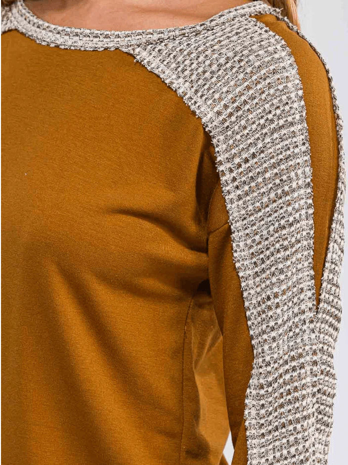 Mustard Brown Long Sleeve Knit Panel Top – Cozy Women’s Western Fashion in USA at Swaraksha Fashions