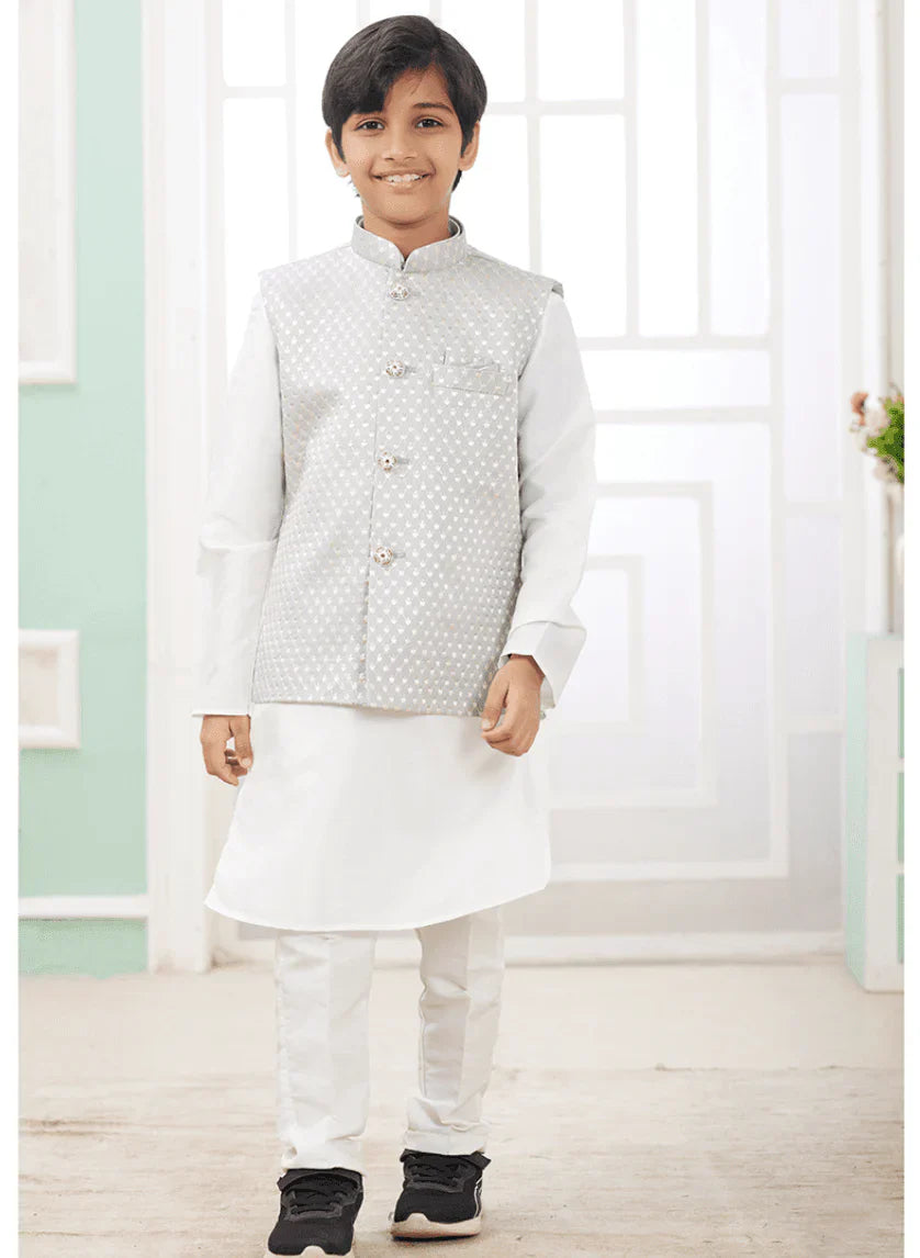 White Art Banarasi Silk Printed Readymade Kids Kurta Pajama – Elegant Kids Ethnic Wear in USA at Swaraksha Fashions