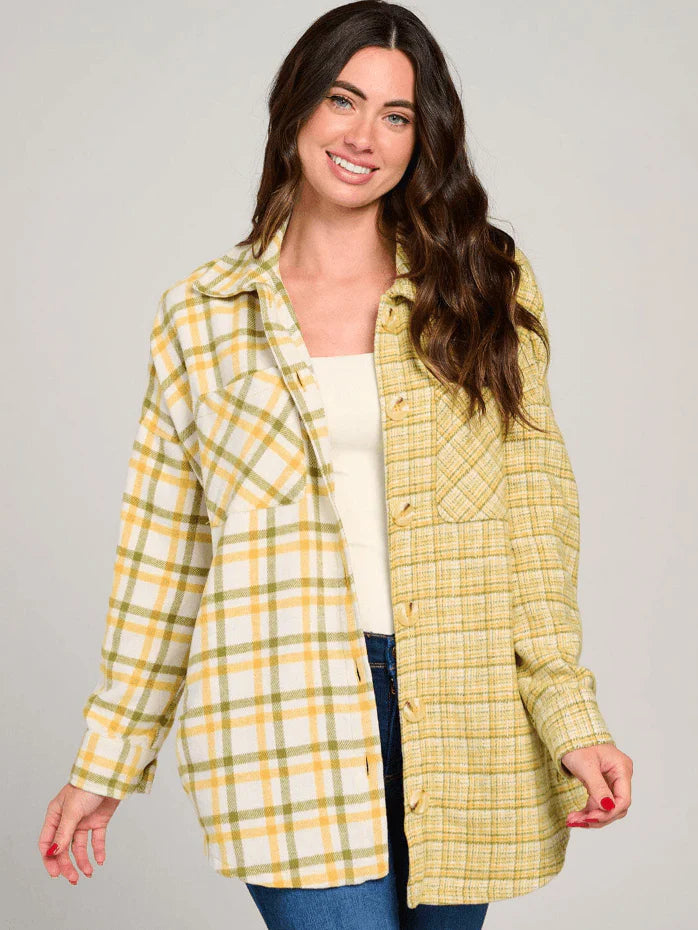 Yellow & Cream Dual Plaid Button-Up Shacket – Trendy Layered Fashion in USA at Swaraksha Fashions
