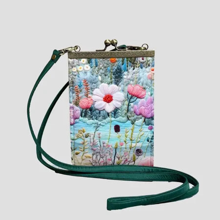 3D Embroidered Floral Field Kiss-Lock Phone Pouch – Elegant Designer Phone Pouch in the USA