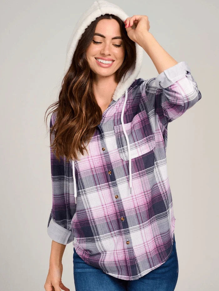 Women’s Cozy Plaid Button-Up Shirt with Sherpa Hood – Stylish Winter Layering Essential in USA