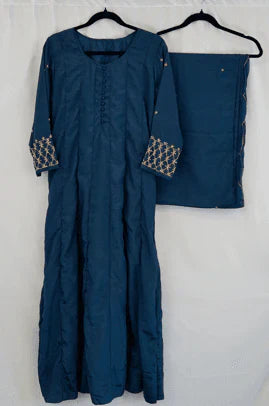 Navy Blue Embroidered Anarkali Kurta with Gold Detailing in USA – Available at Swaraksha Fashions, Overland Park KS