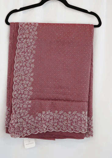 Dusty Rose Georgette Saree with Pearl Embroidery and Floral Border – Graceful Designer Elegance in USA