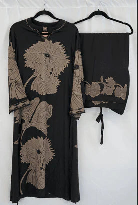 Black Beige Floral Printed Kurta Set with Embellished Dupatta – Elegant Ethnic Fashion in USA at Swaraksha Fashions