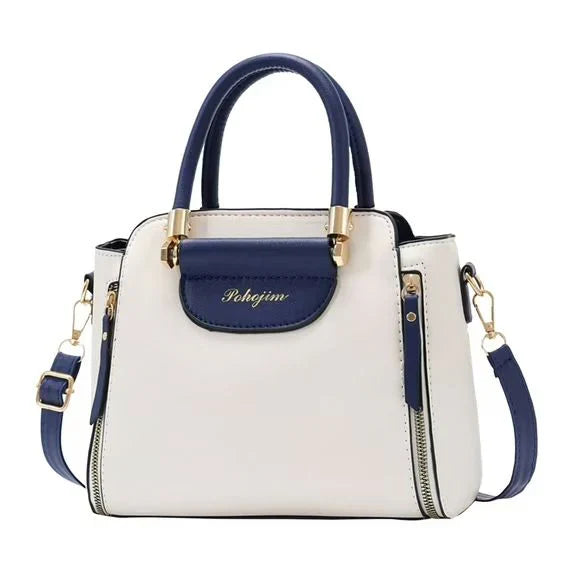 Two-Tone White and Navy Blue Satchel Handbag – Classic Elegance Meets Modern Style in USA