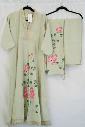 Sage Green Hand-Painted Floral Kurti Set with Lace Detailing in USA – Available at Swaraksha Fashions, Overland Park KS