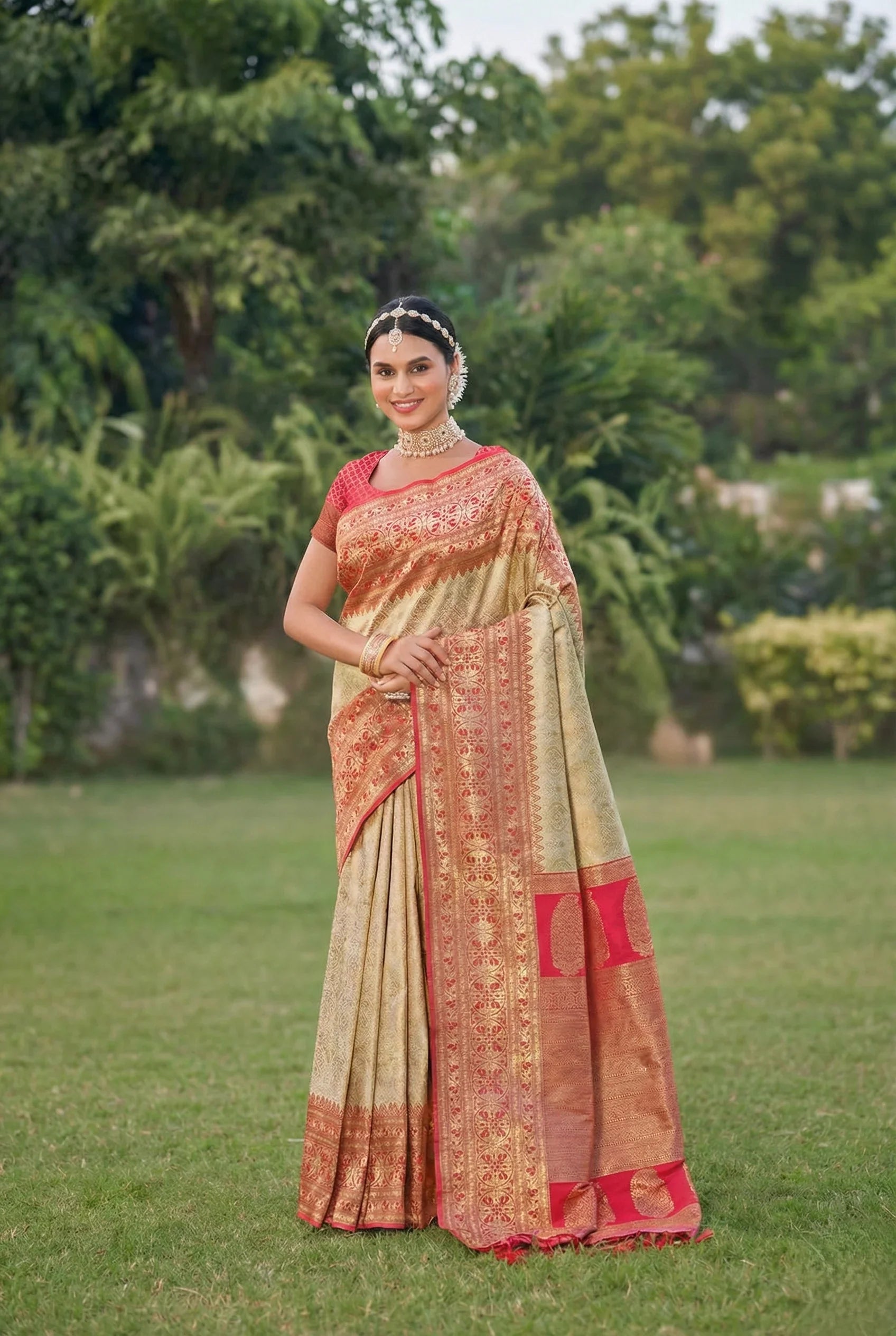 AG Cream With Red Border Banarasi Silk Saree – Traditional Elegance for Weddings and Celebrations in USA