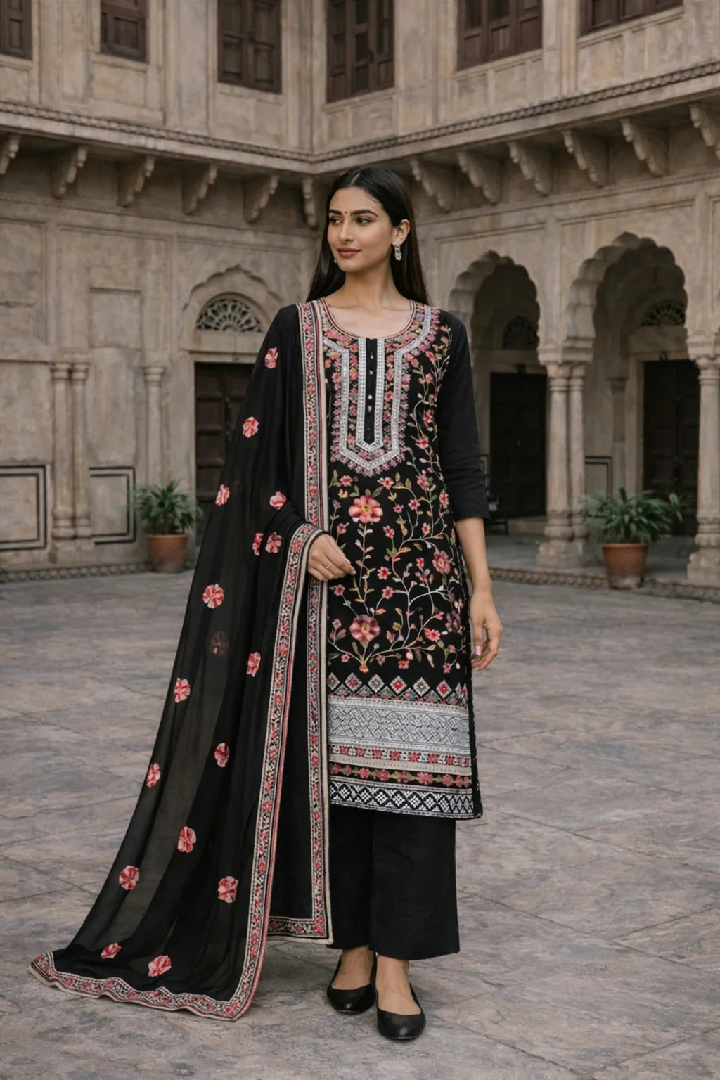 Black Floral Printed Straight Kurta Set with Dupatta – Elegant Women’s Ethnic Wear in USA at Swaraksha Fashions