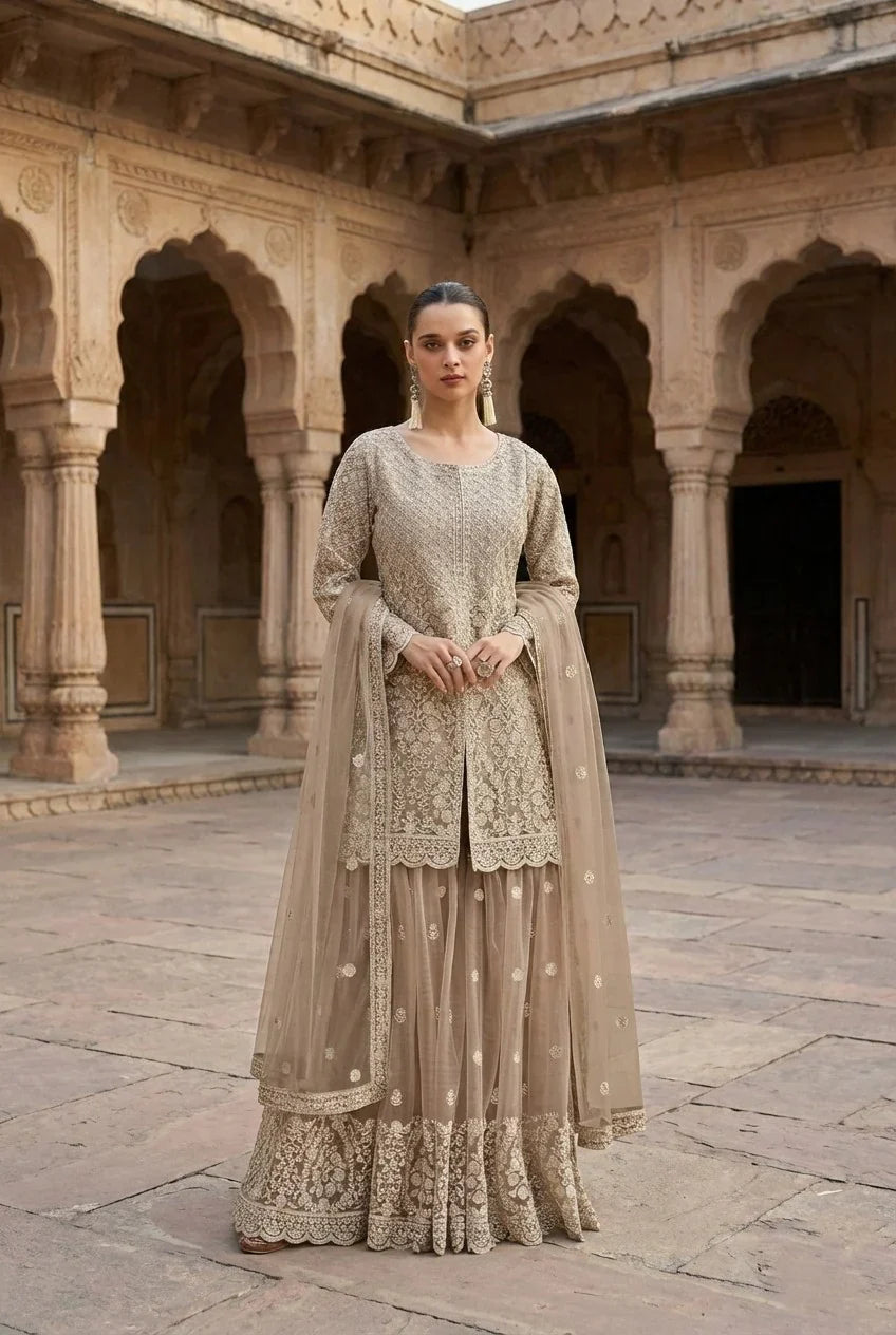 Champagne Embroidered Net Sharara Set With Jacket-Style Kurti & Dupatta – Luxury Wedding Wear in USA