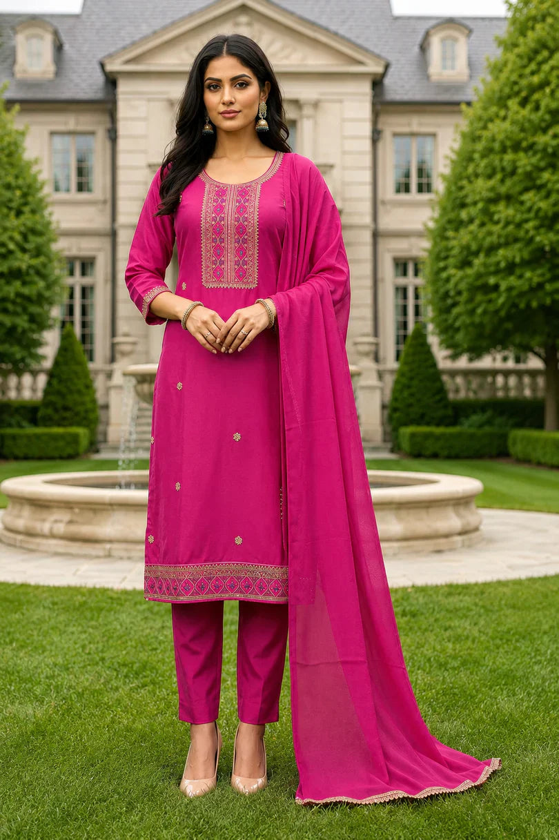 Maitry Hot Pink Roman Silk Embroidered Kurta Set with Dupatta – Vibrant Indian Ethnic Wear in USA